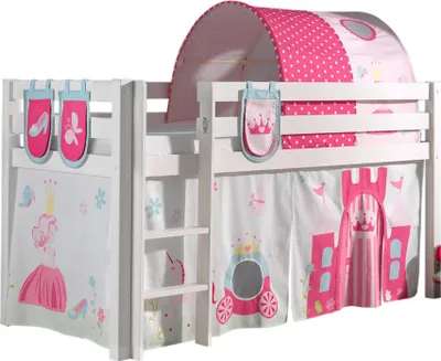 Produktbild von Vipack Spielbett Pino, Liegefläche 90x200 cm mit Textilset Vorhang, Tunnel und 3 Taschen "Princes"