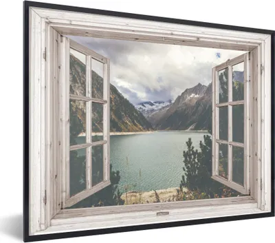 Produktbild von MuchoWow® Gerahmtes Poster Aussicht - Berg - Wasser 80x60 cm - Poster mit Schwarzem Bilderrahmen Wandposter Rahmen Foto Bilder - Schwarzem - Mit Gestell
