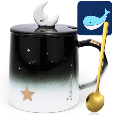 Image de Tasse avec couvercle et cuillère, 420 ml, rose, motif étoile et lune, en céramique, idéale pour offrir