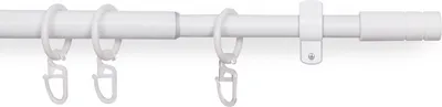 A white curtain rod with rings and hooks, shown horizontally against a white background.