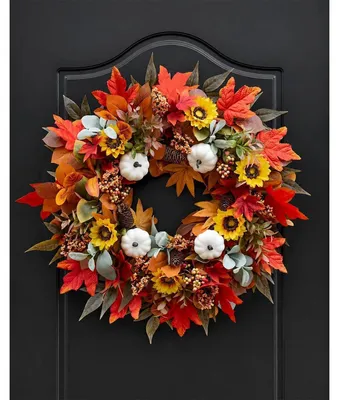 Immagine prodotto di Ghirlanda autunnale artificiale, 45 cm, con foglie d'acero, zucche, pigne e bacche, ideale per decorazioni