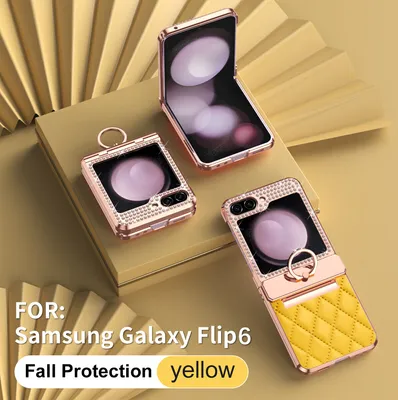 Obrázek produktu pro Kožené pouzdro na Samsung Galaxy Z Flip 6 / Z Flip 7 FE s držákem na prsten, blyštivé ochranné pouzdro s ochranou pantu Žluť