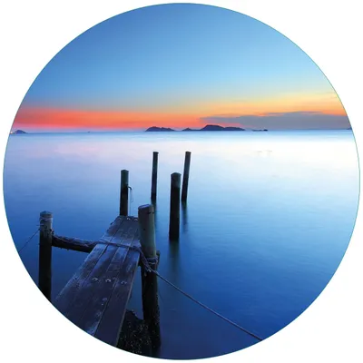 Produktbild von Wallario Premium Glasbild, freischwebende Optik, kräftige Farben, rund 50cm Durchmesser, Motiv Steg im Wasser - Abendstimmung am Meer