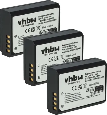 Produktbild von vhbw 3x Akku kompatibel mit Canon EOS 1100D, 2000D, 1200D, 4000D, 1300D, Kiss X70, Kiss X50, Kiss X80, Kiss X90 Kamera (800 mAh, 7,2 V, Li-Ion)