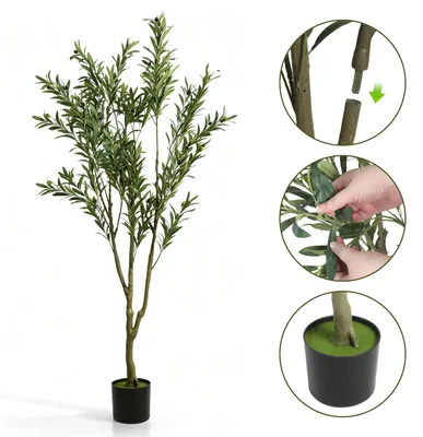 Image de Arbre d'olivier artificiel Peviasot, 180 cm, en pot. Plante artificielle avec 3 branches et 865 feuilles, idéal comme décoration pour le salon, le bureau ou l'entrée