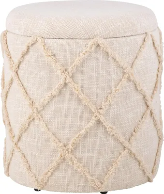 Zdjęcie produktu dla WOHNLING Pufka z schowkiem, okrągła, 40x40x45 cm, pufka tapicerowana w kolorze kremowym z bawełny, pufka w stylu boho z zdejmowaną pokrywą i schowkiem, pufka dekoracyjna z tkaniny