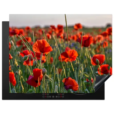 Obrázok produktu pre KitchenYeah® Kryt varnej dosky maky - červené - zelené - kvety, 77x59cm, kuchynská dekorácia, keramický kryt varnej dosky, krycia doska na varnú dosku