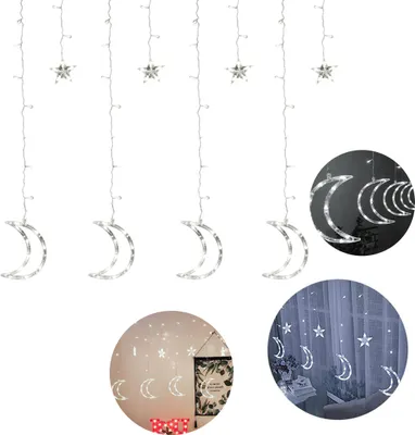 A collage of images showing moon and star-shaped LED string lights, some displayed on a white background and others in a decorative setting.