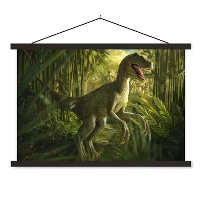 Produktbild von MuchoWow® Textilposter Dinosaurier - Pflanzen - Grün - Illustration - Kinder - Jungen 90x60 cm mit schwarzem Rahmen - Aufhängungssatz