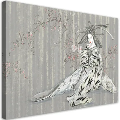 Produktbild von Leinwandbild traditionelle japanische geisha 120x80 cm Feeby grau wandbild bereit zum aufhängen