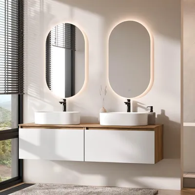 Produktbild von Planetmöbel ARISA Doppelwaschtisch 160 cm in Weiß mit 2 LED Spiegel und 2 weißen Keramik-Aufsatzwaschbecken 55 cm