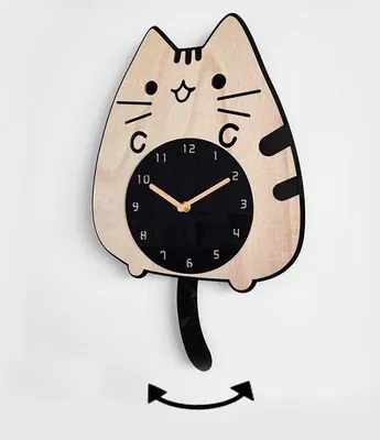 Image de Horloge murale au style créatif et original, avec un motif en bois et un chat qui se balance