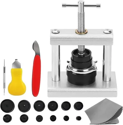 Productafbeelding van 17-delige professionele set horlogemakerstools, inclusief een horlogeklem met 12 matrijzen, een horlogeklem voor horloges van 17-46 mm, en een horlogebakje voor het vervangen van batterijen en reparaties