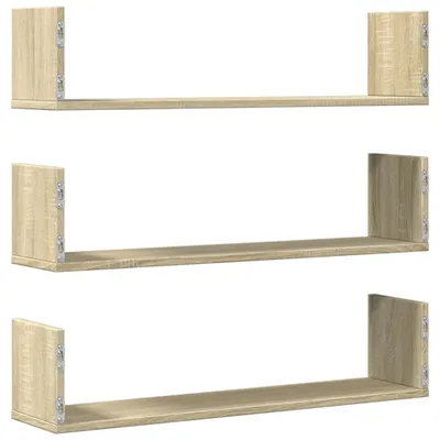 Three identical wooden shelves are displayed against a white background.