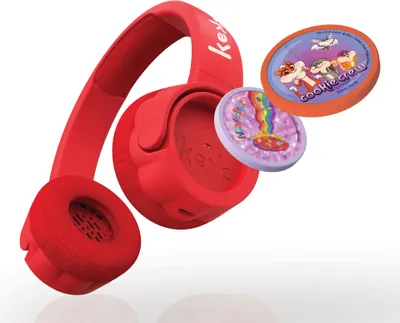 A red Kekz headphones with two decorative discs.