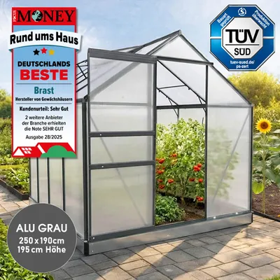 Produktbild von BRAST Gewächshaus Aluminium mit Fundament | 250x190x195cm | 6mm Hohlkammerplatten | rostfrei wetterfest temperaturbeständig | Grau