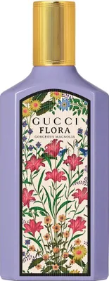 A bottle of Gucci Flora Gorgeous Magnolia Eau De Parfum with a floral design on the label.