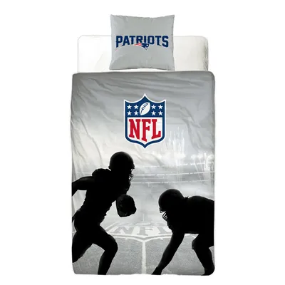A bedding set with NFL New England Patriots and NFL logos, featuring silhouettes of football players.