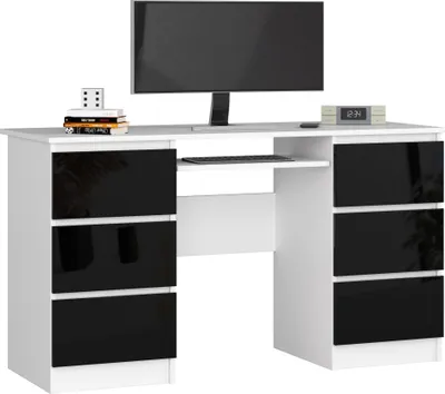Image de Akord Bureau 6 Tiroirs Blanc/Noir Brillant 135X50X77