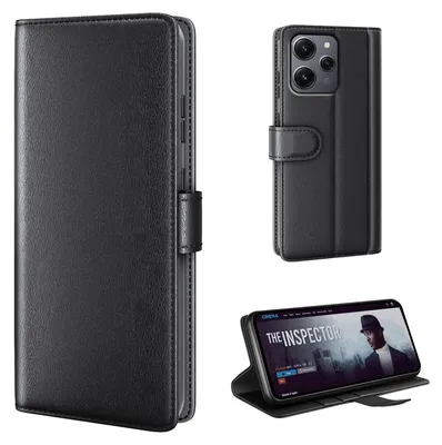 A collage of images showing a black leather flip phone case for a Xiaomi Redmi 12, including a close-up of the case and a phone inside it.