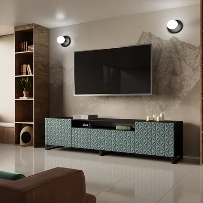Produktbild von TV-Schrank Cali III Fernsehschrank TV-Lowboard 200 cm Fronten gefräst wie ein Kaleidoskop modernes Design dreitürig Wohnzimmer (Farbe: schwarz, grün)