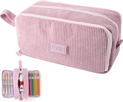 Produktbild von Federtasche Cord, 3 Fächer, mit Henkel, beige und rosa, für Schule