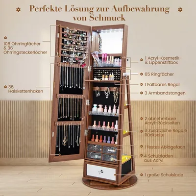 Image de Armoire à bijoux armoire à miroir rotative à 360° avec miroir pleine longueur 140 x 37 cm marron