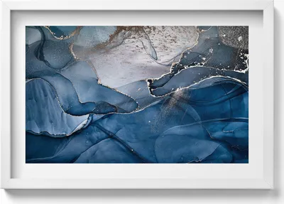 Produktbild von Blaue Abstraktion mit Gold– Wandbild mit Rahmen – Gerahmtes Bild  – Wanddekoration – 60x40 cm –  Schwarz Rahmen