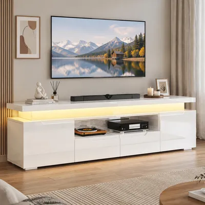 Produktbild von INONEFT TV-Schrank mit LED und USB/Typ-C, 180cm Hochglanz TV-Lowboard mit 2 Schubladen, 2 Seitenschränken und offenem Fach, für 55–75 Zoll TV, Weiß