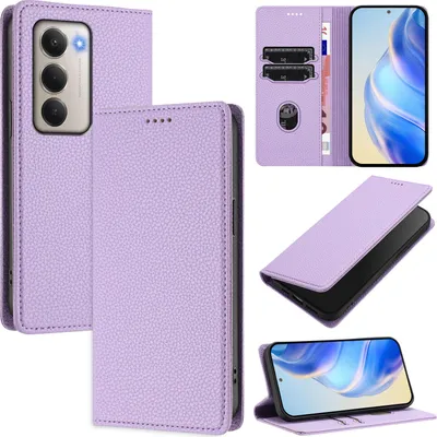 Produktbild von Litchi Leder Handyhülle für Xiaomi Redmi 15 5G/4G Wallet Kartenfächer Standfunktion Hülle Violett