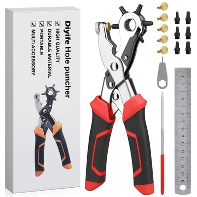 Produktbild von Lochzange für Leder Rot mit 6 Ersatzstempeln & 5 Kupferpads, 6 Lochgrößen 2-4,5mm