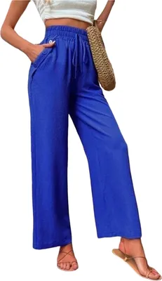 Produktbild von ASKSA Damen Hose Hohe Taille Weitem Bein Einfarbig Freizeithose Tunnelzug Leicht Sommerhose Mit Taschen (Dunkelblau,M)