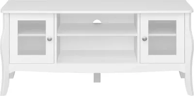 A white TV stand with two glass-doored cabinets and an open shelf in the middle.