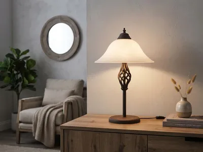 Produktbild von Große Tischleuchte Landhausstil mit Glasschirm Weiß & E14 LED dimmbar, Höhe 50cm