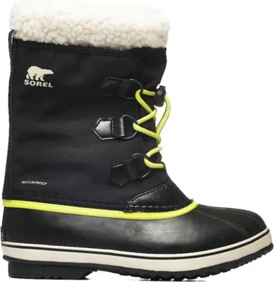 A single black winter boot with white fur trim and yellow laces is shown against a white background.