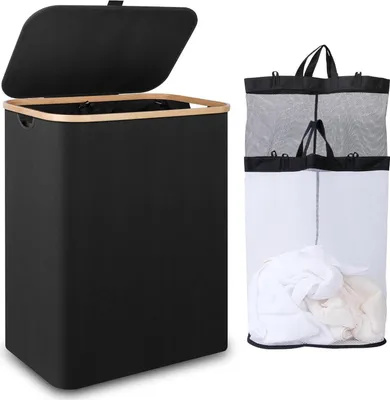 Image de Grand panier à linge avec couvercle 150L 2 compartiments Noir - Collecteur de linge poignée en bambou & poches intérieures amovibles