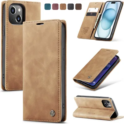 Image de Étui pour iPhone 15, étui rétro en cuirPolyuréthaneavec fonction de support Marron
