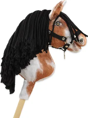 Image de Hobby Horse Premium - tobiano tacheté avec crinière noire sur bâton