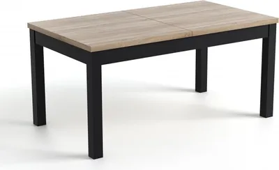 A rectangular dining table with a light brown wood-look top and black legs, shown from a slightly elevated angle against a white background.