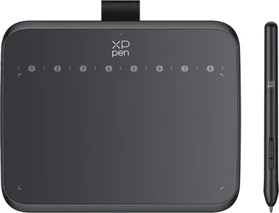 A black graphics tablet and stylus are shown on a white background.