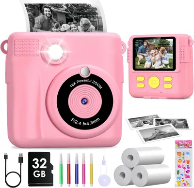Produktbild von Kinderkamera, Sofortbildkamera Kinder, 1080P 2,4 Zoll Bildschirm Digitalkamera mit Druckpapier & 32GB TF Karte, Sofortdruck Kamera, Rosa