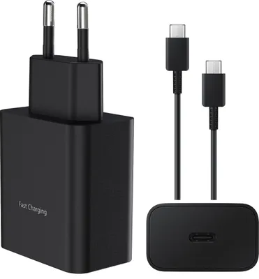 A black USB-C charger and cable set against a white background.