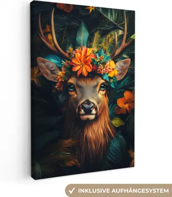 Produktbild von Leinwandbilder 80x120 cm - Tiere, Blumen - Hirsche, Bilder Wohnzimmer Modern, Wanddeko