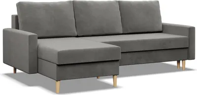 A gray sectional sofa with a chaise lounge is shown from a slightly elevated side angle against a white background.