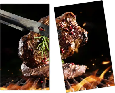 Produktbild von Spritzschutz Herdabdeckplatte Schneidebrett aus Glas Rindersteak auf Grill 2-Teilig (60x52cm)