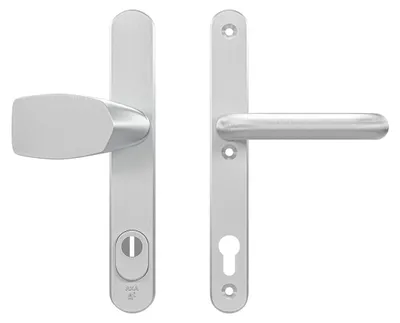 Produktbild von AXA Sicherheits Türbeschläge set - Oval Plus Smal - Türklinken mit Langschild - PC92 mit Kernziehschutz - Kruk/Knopf - Aluminium