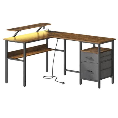 An L-shaped desk with shelving and drawers, shown against a white background.