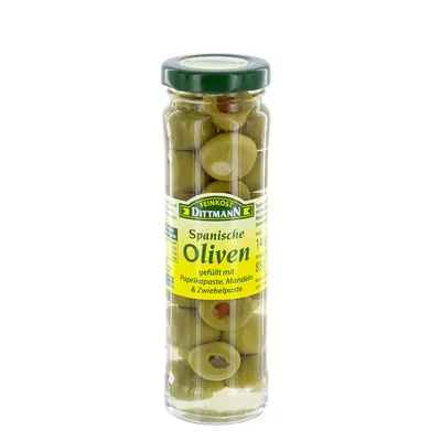 Zdjęcie produktu dla Delikatesy Dittmann Hiszpańskie oliwki z pikantnym nadzieniem 140g