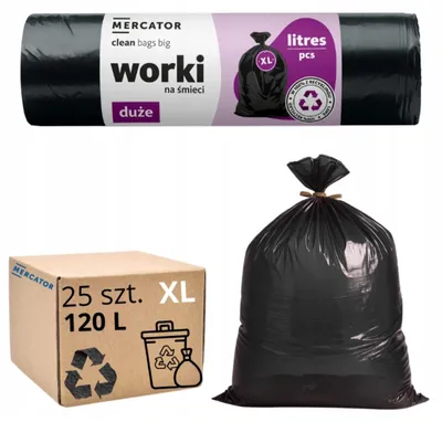 Zdjęcie produktu dla Worki na śmieci Mercator czarny 120 l 25 szt. czarne uniwersalne 120l grube 25szt/rolka