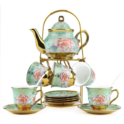 Productafbeelding van Theeservice 20 delen - Theepot 700 ml - Tassen 160 ml - Keramisch - Elegant bloemenpatroon - Service voor 6 personen - Theetassen